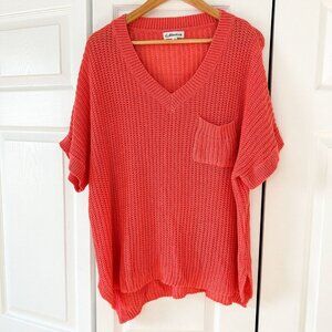 NWOT Macaron Coral Knit Short Sleeve V-Neck Sweater Top Pocket Detail XL